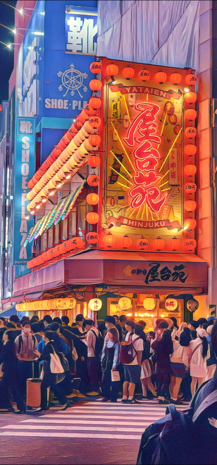 Lantern-covered Shinjuku restaurant façade at night with a crowd queued at the corner; neon blue and warm orange lighting.”