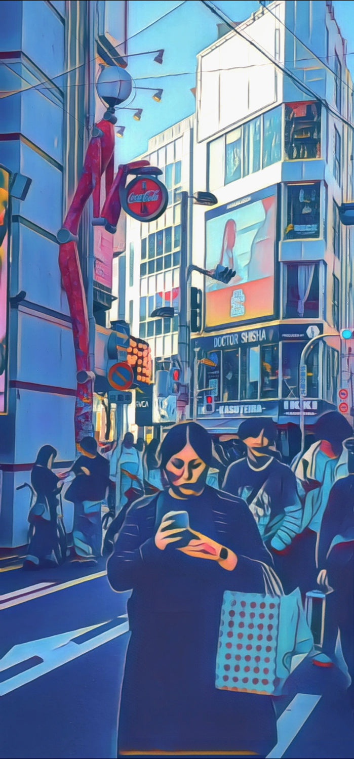 Person looking at a phone on a crowded Tokyo street; red Coca-Cola sign, mannequin figure and overhead wires