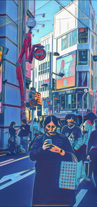 Person looking at a phone on a crowded Tokyo street; red Coca-Cola sign, mannequin figure and overhead wires