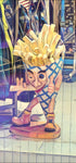 Winking fries mascot statue in a cone giving a thumbs up beside a storefront; tiled floor