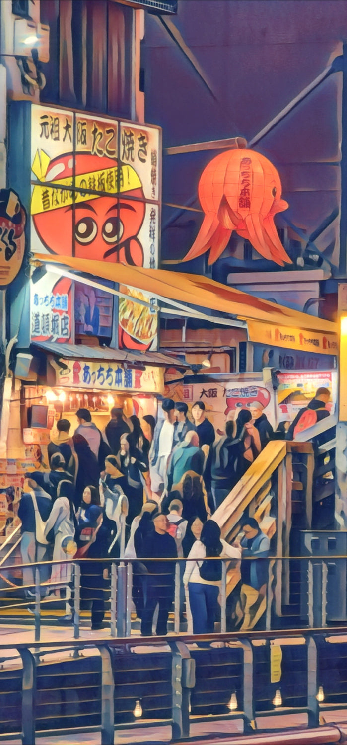 Crowd queuing at a takoyaki shop under an orange octopus lantern; stacked signs and stairs.