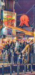 Crowd queuing at a takoyaki shop under an orange octopus lantern; stacked signs and stairs.