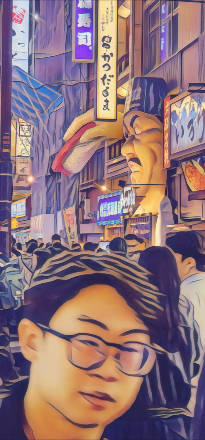 Street Icons, Osaka — Japan Series by Matt Dixon
Night street in Japan with giant restaurant signs, neon, and a close foreground figure. Digital artwork.