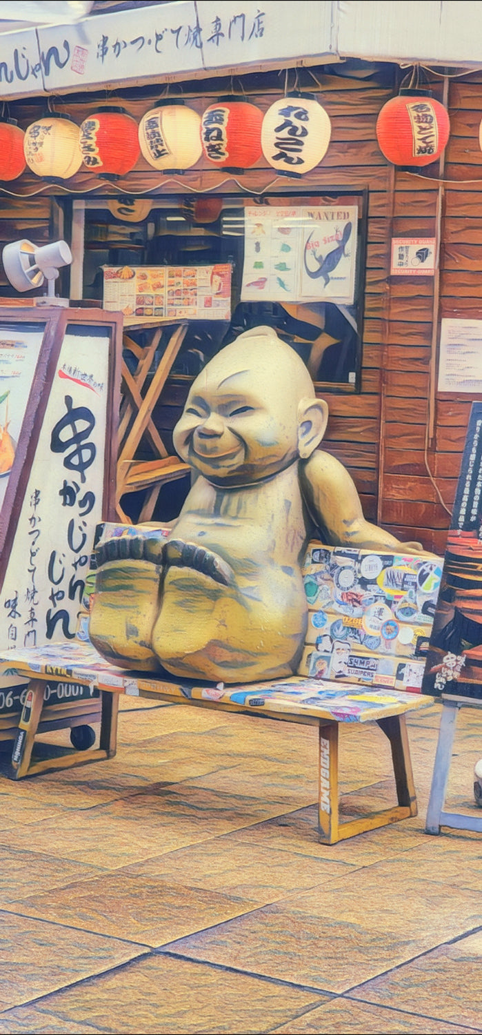Statue of a smiling Buddha-like figure in a Japanese store setting with signs and posters.